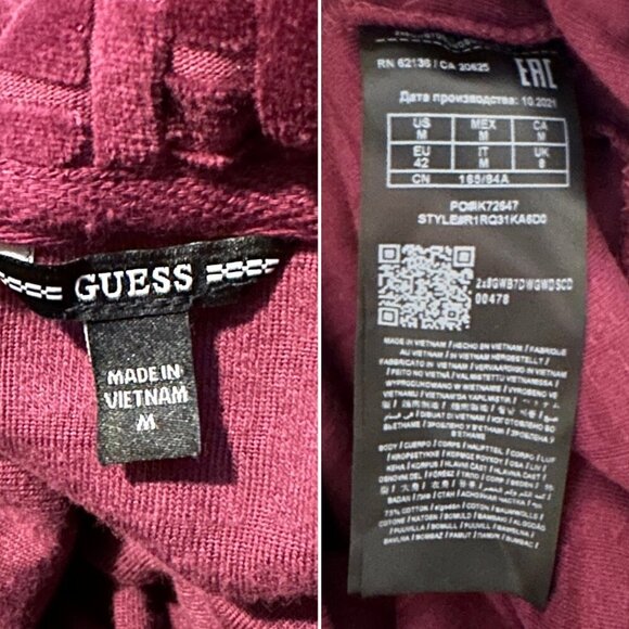 Guess After Party Velour Burgundy Cropped Hoodie Women's Size Medium Loungewear - Picture 15 of 15